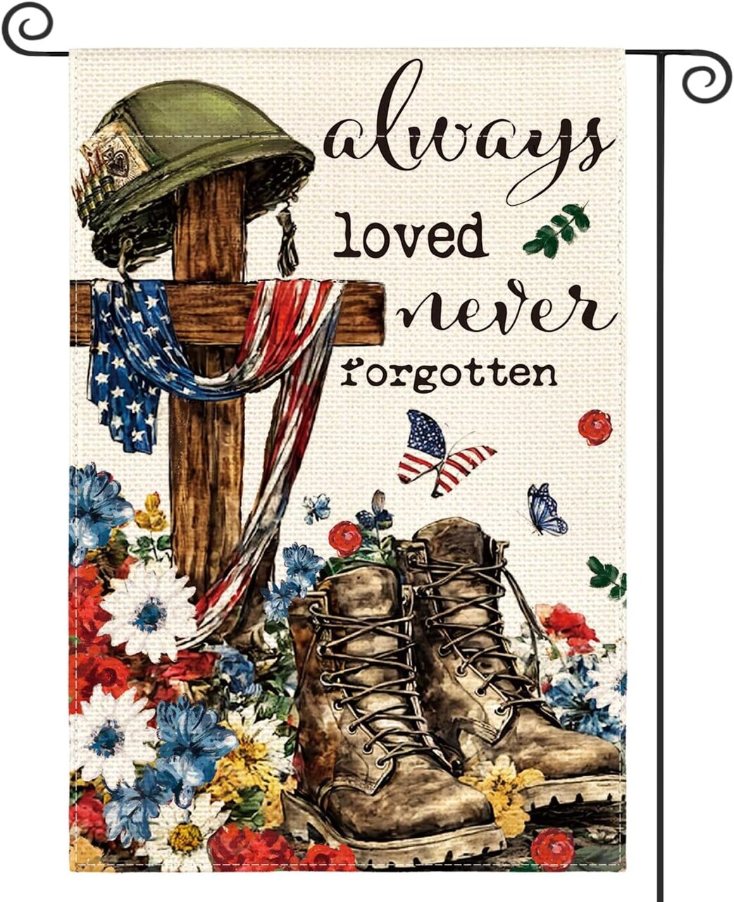 Memorial Day Always Loved Never Forgotten Heroes Garden Flag 12x18 Inch Double Sided, Military Soldiers Boots Patriotic Veteran Yard Outdoor Decoration